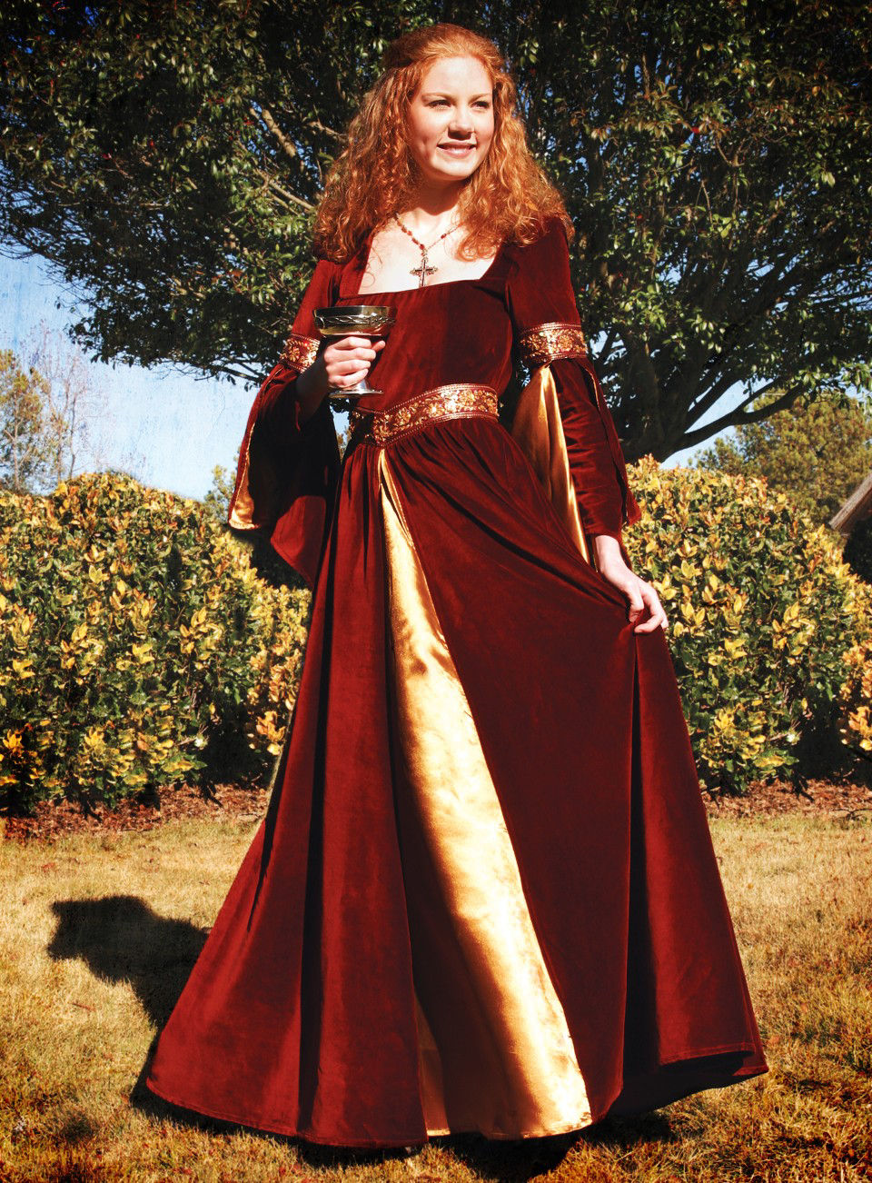 Samtkleid in burgund und gold 