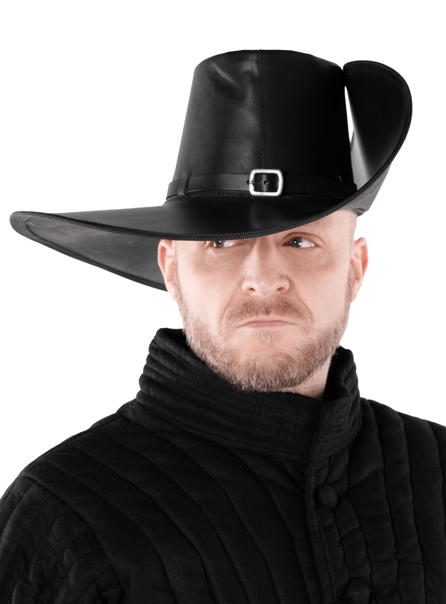 Schwarzer Lederhut mit gebogener Krempe und Feder 