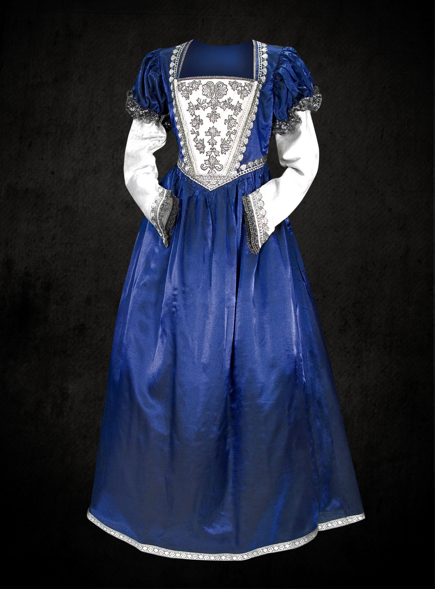 Blaues Renaissance Kleid mit Posamentenschließen 